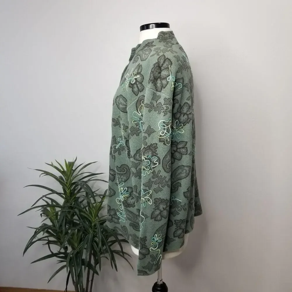 Sigrid Olsen Jacket Womens 2X Green Paisley Knit Embroidered Art To Wear